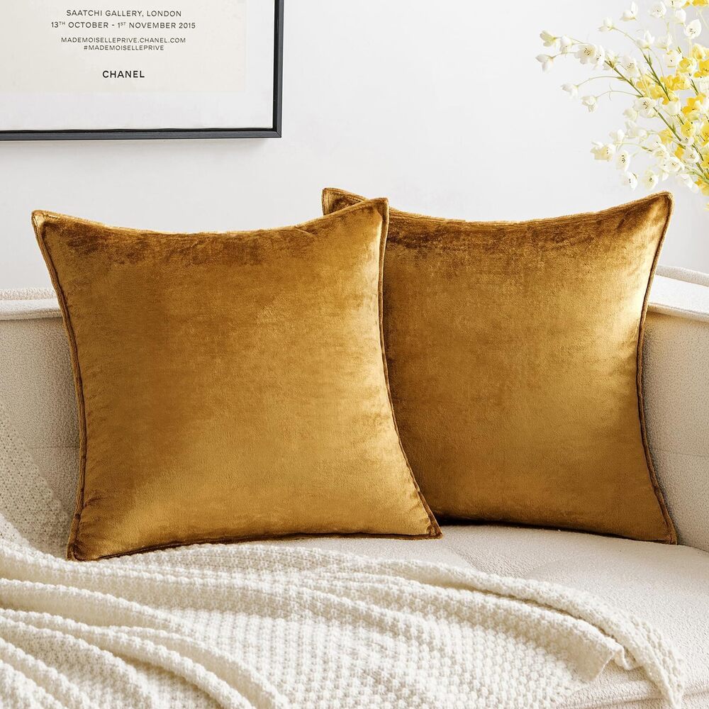 9879 Fall Pack of 2 Dark Gold Decorative Velvet Throw Pillow Cover Soft
